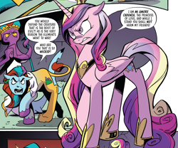 Size: 1880x1565 | Tagged: safe, artist:andypriceart, idw, imported from derpibooru, princess cadance, alicorn, spoiler:comic, spoiler:comic102, angry, comic, cropped, danu, female, knights of harmony, leucrocuta, lusca, male, mannah, mare, season 10