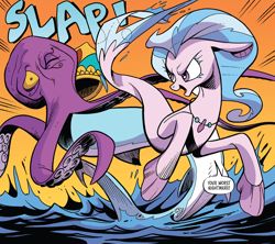 Size: 1988x1763 | Tagged: safe, artist:andypriceart, idw, imported from derpibooru, silverstream, seapony (g4), spoiler:comic, spoiler:comic102, badass, blue mane, comic, female, fins, fish tail, flowing tail, jewelry, knights of harmony, lusca, mannah, necklace, ocean, one eye closed, open mouth, purple eyes, seapony silverstream, season 10, slap, tail, water