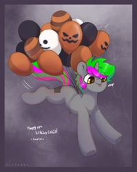 Size: 1627x2048 | Tagged: safe, artist:flixanoa, imported from derpibooru, oc, oc only, oc:goblin, pony, unicorn, :p, balloon, floating, smiling, solo, then watch her balloons lift her up to the sky, tongue out