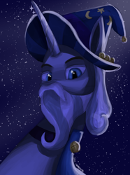 Size: 1000x1346 | Tagged: safe, artist:vezja, imported from derpibooru, star swirl the bearded, pony, unicorn, beard, bell, bust, cloak, clothes, facial hair, hat, looking at you, male, night, portrait, solo, stallion, stars