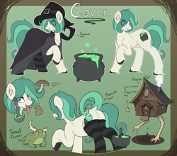 Size: 5028x4416 | Tagged: safe, artist:czu, imported from derpibooru, oc, oc only, oc:coven, earth pony, pony, toad, antlers, baba yaga, buckle, butt, cauldron, chest fluff, chimney, cloak, clothes, dock, ear fluff, fangs, hat, hooves, horns, long tongue, male, mushroom, nudity, plot, pot, potion, purple eyes, reference sheet, sheath, socks, tail, thigh highs, tongue out, vial, walking house, weather vane, witch, witch hat, yellow eyes