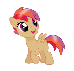 Size: 935x888 | Tagged: safe, artist:miss-barker, edit, imported from derpibooru, oc, oc only, oc:iris dash, pegasus, pony, beige fur, female, filly, happy, lighting, looking offscreen, magical lesbian spawn, multicolored mane, multicolored tail, offspring, open mouth, open smile, parent:rainbow dash, parent:scootaloo, parents:scootadash, pegasus oc, pink eyes, raised hoof, raised leg, show accurate, simple background, small wings, smiling, solo, spread wings, standing, tail, white background, wings