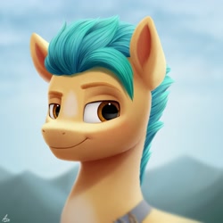 Size: 2000x2000 | Tagged: safe, artist:luminousdazzle, imported from derpibooru, hitch trailblazer, earth pony, pony, bust, g5, high res, lidded eyes, looking at you, male, my little pony: a new generation, smiling, smiling at you, solo, stallion