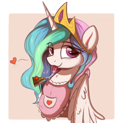 Size: 1475x1475 | Tagged: safe, artist:kqaii, imported from derpibooru, princess celestia, alicorn, pony, apron, bust, cake, cakelestia, clothes, drool, drool string, floating heart, food, heart, portrait, tongue out