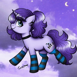 Size: 2405x2405 | Tagged: safe, artist:toastpone, imported from derpibooru, oc, unicorn, clothes, cute, female, high res, mare, persona, purple, socks, striped socks, toast the producer pony, toastslayer