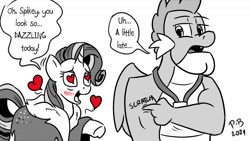 Size: 1200x675 | Tagged: safe, artist:pony-berserker, imported from derpibooru, rarity, spike, dragon, pony, the last problem, ambassador spike, blushing, commission, deadpan, female, floating heart, gigachad spike, halftone, heart, heart eyes, male, medallion, monochrome, older, older rarity, older spike, open mouth, open smile, partial color, pony-berserker's twitter sketches, scratching, shipping, shipping denied, smiling, sparity, straight, wingding eyes, winged spike, wings