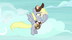 Size: 1920x1080 | Tagged: safe, imported from derpibooru, screencap, derpy hooves, pegasus, pony, school raze, spoiler:s08, clothes, envelope, female, flying, hat, mailmare, mailmare hat, mailmare uniform, mare, solo