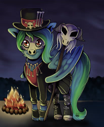 Size: 2700x3272 | Tagged: safe, artist:kenisu-of-dragons, imported from derpibooru, oc, oc only, oc:weldbead, pegasus, pony, campfire, clothes, costume, fire, hat, high res, male, skull, solo
