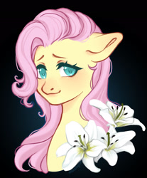 Size: 1920x2324 | Tagged: safe, artist:alexatyan, imported from derpibooru, fluttershy, pegasus, pony, black background, bust, cute, female, floppy ears, flower, high res, lily (flower), looking at you, mare, portrait, shyabetes, simple background, smiling, solo, three quarter view