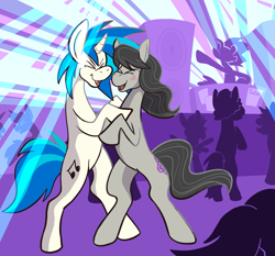 Size: 2103x1962 | Tagged: safe, artist:tratars, imported from derpibooru, dj pon-3, octavia melody, vinyl scratch, earth pony, pony, unicorn, bipedal, dancing, duo, eyes closed, female, happy, lesbian, open mouth, open smile, scratchtavia, shipping, smiling, speaker