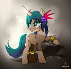 Size: 1107x1080 | Tagged: safe, artist:zidanemina, imported from derpibooru, oc, oc only, oc:blue veil, pony, unicorn, abstract background, bedroom eyes, blue mane, bracelet, feather, jewelry, smiling, solo, veil