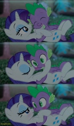 Size: 1206x2048 | Tagged: safe, artist:georgegarza01, imported from derpibooru, rarity, spike, dragon, pony, unicorn, blushing, can you feel the love tonight, cheek kiss, comic, elton john, female, kissing, male, movie reference, reference, shipping, show accurate, sparity, straight, surprise kiss, the lion king