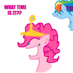 Size: 500x500 | Tagged: safe, artist:askpinkiepieandfriends, imported from derpibooru, pinkie pie, rainbow dash, earth pony, pegasus, pony, adventure time, bust, crown, female, jewelry, mare, open mouth, princess bubblegum, regalia, simple background, white background