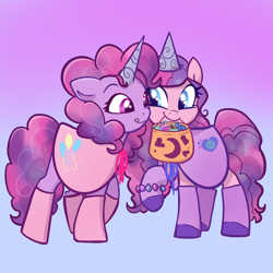 Size: 2048x2048 | Tagged: safe, artist:pfeffaroo, imported from derpibooru, izzy moonbow, pinkie pie, earth pony, pony, unicorn, bag, candy bag, clothes, commission, costume, duo, duo female, fake horn, female, g4, g4 to g5, g5, gradient background, high res, izzy and her heroine, looking at each other, mare, mouth hold, raised hoof