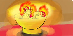 Size: 1024x512 | Tagged: safe, artist:horsesplease, imported from derpibooru, sunset shimmer, fire pony, unicorn, equestria girls, bowl, fiery shimmer, fireplace, mane of fire, sleeping, smiling, walking campfire