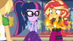 Size: 1280x721 | Tagged: safe, edit, edited screencap, editor:horsesplease, imported from derpibooru, screencap, applejack, sci-twi, sunset shimmer, twilight sparkle, equestria girls, equestria girls series, rollercoaster of friendship, burning, fiery shimmer, fire, frown, insanity, obsession, pyromania, pyromaniac, snapset shimmer, ticket
