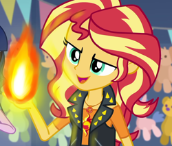 Size: 1204x1024 | Tagged: safe, edit, edited screencap, editor:horsesplease, imported from derpibooru, screencap, sci-twi, sunset shimmer, twilight sparkle, equestria girls, equestria girls series, rollercoaster of friendship, fiery shimmer, fire, happy, pyromania, pyromaniac, relaxed, smiling, solo focus