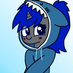 Size: 1125x1124 | Tagged: safe, artist:two2sleepy, imported from derpibooru, oc, oc only, oc:dream vezpyre, oc:dream², pony, shark, unicorn, blue background, blushing, clothes, cute, female, floppy ears, gradient background, hoodie, mare, simple background, smiling, solo