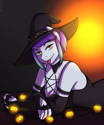 Size: 2500x3000 | Tagged: safe, artist:squishheart, imported from derpibooru, oc, oc only, oc:slap hard, anthro, :p, breasts, cleavage, clothes, costume, evening gloves, fingerless elbow gloves, fingerless gloves, gloves, halloween, halloween costume, hat, high res, holiday, long gloves, solo, tongue out, witch hat