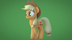 Size: 3840x2160 | Tagged: safe, artist:wissle, imported from derpibooru, applejack, earth pony, pony, 3d, applejack's hat, blender, cowboy hat, crossed legs, cute, female, happy, hat, high res, mare, simple background, smiling, solo