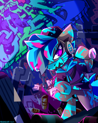 Size: 1992x2500 | Tagged: safe, artist:nekosnicker, imported from derpibooru, oc, oc only, oc:street cred, pony, bag, baseball bat, bipedal, bodypaint, clothes, commission, face mask, graffiti, hat, headset, hoodie, mask, neon, solo