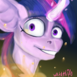 Size: 2000x2000 | Tagged: safe, artist:watashiao, imported from derpibooru, twilight sparkle, pony, unicorn, creepy, fire, high res, looking at you, magic, magic aura, solo