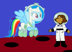 Size: 599x439 | Tagged: safe, artist:guihercharly, imported from derpibooru, rainbow dash, ape, pegasus, pony, arthur, astrodash, astronaut, boots, clothes, costume, crossover, duo, flying, francine frensky, gloves, motorcross, shoes, space, space helmet, spacesuit
