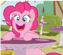 Size: 677x592 | Tagged: safe, edit, edited screencap, imported from derpibooru, screencap, pinkie pie, earth pony, pony, animated, excited, female, gif, mushroom table, open mouth, shaking, solo, vibrating like a broken washing machine