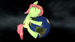 Size: 1078x606 | Tagged: safe, artist:that1guy, imported from derpibooru, tree hugger, earth pony, pony, 3d, earth, female, giant pony, giantess, hug, macro, mare, pony bigger than a planet, smiling, source filmmaker, space