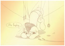 Size: 1061x747 | Tagged: safe, artist:sherwoodwhisper, imported from derpibooru, oc, oc only, oc:eri, pony, unicorn, blushing, cape, clothes, embarrassed, female, filly, inktober, inktober 2021, monochrome, power cord, solo, stuck, tangled up, wires