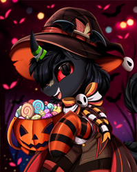 Size: 2550x3209 | Tagged: safe, artist:pridark, imported from derpibooru, part of a set, oc, oc only, oc:gossamer, kirin, bucket, candy, clothes, commission, costume, curved horn, food, halloween, hat, high res, holiday, horn, jack-o-lantern, kirin oc, male, part of a series, pumpkin, pumpkin bucket, red eyes, socks, solo, striped socks, witch hat, ych result