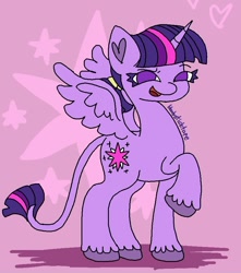 Size: 768x869 | Tagged: safe, artist:bloodysticktape, imported from derpibooru, twilight sparkle, alicorn, pony, backwards cutie mark, colored hooves, heart ears, leonine tail, no pupils, ponytail, raised hoof, smug, solo, twilight sparkle (alicorn), unshorn fetlocks