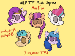 Size: 1280x960 | Tagged: safe, artist:timberwoofarts, imported from derpibooru, hitch trailblazer, izzy moonbow, pipp petals, sunny starscout, zipp storm, earth pony, pegasus, pony, unicorn, advertisement, auction, commission, female, g5, implied transformation, implied transgender transformation, male, mane five (g5), mask, my little pony: a new generation, your character here