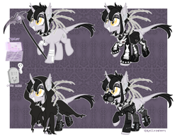 Size: 2693x2092 | Tagged: safe, artist:kellysweet1, imported from derpibooru, oc, oc only, oc:grimm fable, alicorn, pony, alicorn oc, bag, bandage, boots, chess piece, choker, cloak, clothes, deaf, ear piercing, earring, eyebrow piercing, eyeshadow, female, fingerless gloves, gas mask, gloves, grim reaper, grin, hearing aid, high res, horn, jacket, jewelry, leather jacket, lip piercing, makeup, mare, mask, necklace, piercing, raised hoof, raised leg, reference sheet, ripped stockings, scythe, shoes, smiling, socks, solo, spiked choker, spiked wristband, spikes, stockings, sweater, tablet, thigh highs, torn clothes, torn socks, wings, wristband