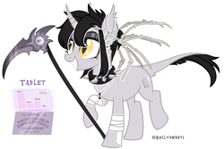 Size: 3467x2317 | Tagged: safe, artist:kellysweet1, derpibooru exclusive, imported from derpibooru, oc, oc only, oc:grimm fable, alicorn, pony, alicorn oc, bandage, chess piece, choker, deaf, ear piercing, earring, eyebrow piercing, eyeshadow, female, grim reaper, grin, hearing aid, high res, horn, jewelry, lip piercing, makeup, mare, necklace, piercing, raised hoof, raised leg, scythe, simple background, smiling, solo, spiked choker, tablet, transparent background, wings