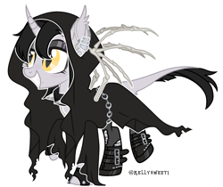 Size: 2764x2317 | Tagged: safe, artist:kellysweet1, derpibooru exclusive, imported from derpibooru, oc, oc only, oc:grimm fable, alicorn, pony, alicorn oc, belt, boots, chains, chess piece, choker, cloak, clothes, deaf, ear piercing, earring, eyebrow piercing, eyeshadow, female, fingerless gloves, gloves, grim reaper, grin, hearing aid, high res, horn, jewelry, lip piercing, makeup, mare, necklace, piercing, raised hoof, raised leg, ripped stockings, shoes, simple background, smiling, socks, solo, spiked choker, stockings, thigh highs, torn clothes, torn socks, transparent background, wings