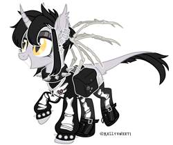 Size: 2764x2317 | Tagged: safe, artist:kellysweet1, derpibooru exclusive, imported from derpibooru, oc, oc only, oc:grimm fable, alicorn, pony, alicorn oc, bag, boots, chess piece, choker, clothes, deaf, ear piercing, earring, eyebrow piercing, eyeshadow, female, grim reaper, grin, hearing aid, high res, horn, jewelry, lip piercing, makeup, mare, necklace, piercing, raised hoof, raised leg, shoes, simple background, smiling, socks, solo, spiked choker, spiked wristband, stockings, sweater, thigh highs, transparent background, wings, wristband