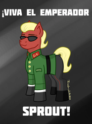 Size: 960x1289 | Tagged: safe, artist:friedrich911, imported from derpibooru, sprout cloverleaf, earth pony, pony, blonde mane, clothes, cyrillic, emperor sprout, eyebrow slit, eyebrows, g5, male, my little pony: a new generation, red, solo, spanish, stallion, sunglasses, uniform