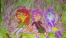 Size: 1280x751 | Tagged: safe, artist:dex stewart, imported from derpibooru, apple bloom, scootaloo, sweetie belle, equestria girls, cutie mark crusaders, traditional art