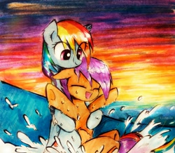Size: 3194x2788 | Tagged: safe, artist:liaaqila, imported from derpibooru, rainbow dash, scootaloo, pegasus, pony, commission, cute, cutealoo, dashabetes, eyes closed, female, filly, high res, mare, scootalove, smiling, traditional art, water, water slide, wet, wet mane