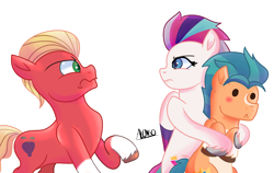 Size: 1742x1100 | Tagged: safe, alternate version, artist:alonso-bazan, imported from derpibooru, hitch trailblazer, sprout cloverleaf, zipp storm, earth pony, pegasus, blushing, female, g5, hitchzipp, male, my little pony: a new generation, shipping, simple background, straight, transparent background