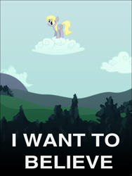 Size: 811x1081 | Tagged: artist needed, safe, imported from ponybooru, derpy hooves, pegasus, pony, cloud, female, i want to believe, mare, on a cloud, parody, solo, standing on a cloud, the x files