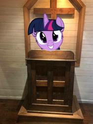 Size: 774x1032 | Tagged: safe, edit, editor:undeadponysoldier, imported from ponybooru, photographer:undeadponysoldier, twilight sparkle, alicorn, pony, christianity, church, cross, dollywood, edited photo, grin, happy, irl, looking at you, photo, pigeon forge, podium, ponies in real life, religion, smiling, solo, tennessee, twilight sparkle (alicorn)