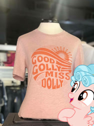 Size: 774x1032 | Tagged: safe, edit, editor:undeadponysoldier, imported from ponybooru, photographer:undeadponysoldier, cozy glow, pegasus, pony, clothes, cozybetes, cute, dolly parton, dollywood, edited photo, female, filly, freckles, gift shop, golly, happy, irl, mannequin, photo, pigeon forge, ponies in real life, raised hoof, raised leg, shirt, solo, tennessee