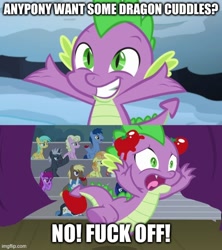 Size: 500x562 | Tagged: safe, edit, edited screencap, imported from ponybooru, screencap, spike, dragon, horse play, the times they are a changeling, abuse, booing, cuddle request, denied, food, male, spikeabuse, stage, tomato, tomatoes, vulgar