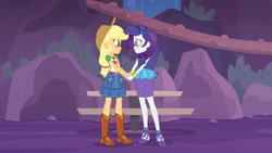 Size: 3410x1920 | Tagged: safe, imported from derpibooru, screencap, applejack, rarity, equestria girls, equestria girls series, rollercoaster of friendship, applejack's hat, belt, blushing, boots, bracelet, clothes, cowboy boots, cowboy hat, cutie mark, cutie mark on clothes, denim skirt, female, geode of super strength, hairpin, hat, high heels, high res, holding hands, jewelry, looking at each other, magical geodes, necklace, rarity peplum dress, shoes, skirt, smiling