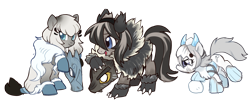 Size: 3473x1506 | Tagged: safe, artist:marbo, imported from ponybooru, oc, oc only, oc:arctic ink, oc:frostbite, oc:niveous, pony, /mlp/, blue eyes, chest fluff, clothes, costume, cute, cutie mark, female, filly, frown, happy, mask, simple background, snow, snowball, snowpony (species), taiga pony, transparent background
