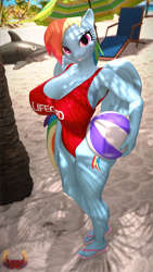 Size: 4320x7680 | Tagged: safe, artist:loveslove, imported from derpibooru, rainbow dash, anthro, pegasus, plantigrade anthro, 3d, absurd file size, absurd resolution, ball, beach, big breasts, breasts, clothes, day, female, lifeguard, looking at you, outdoors, sand, sandals, smiling, smiling at you, solo, source filmmaker, swimsuit, wingless, wingless anthro