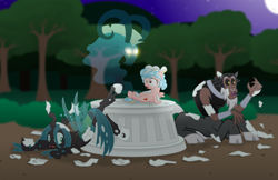 Size: 1280x828 | Tagged: safe, artist:aleximusprime, imported from derpibooru, cozy glow, grogar, lord tirek, queen chrysalis, centaur, changeling, changeling queen, ghost, pegasus, pony, undead, flurry heart's story, the ending of the end, a better ending for chrysalis, a better ending for cozy, a better ending for tirek, confused, escape, female, filly, group, high res, hilarious in hindsight, legion of doom statue, male, night, pedestal, real grogar, spectre, spirit, statue, stone