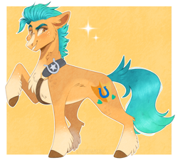 Size: 1185x1068 | Tagged: safe, artist:wanderingpegasus, imported from derpibooru, hitch trailblazer, earth pony, pony, belt, chest fluff, cute, g5, grin, hitchbetes, male, markings, raised hoof, simple background, smiling, solo, stallion, unshorn fetlocks, yellow background